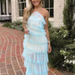 Robe de soirée longue fendue en mousseline de soie, dos nu, à volants, style licou, verte, nv3545
