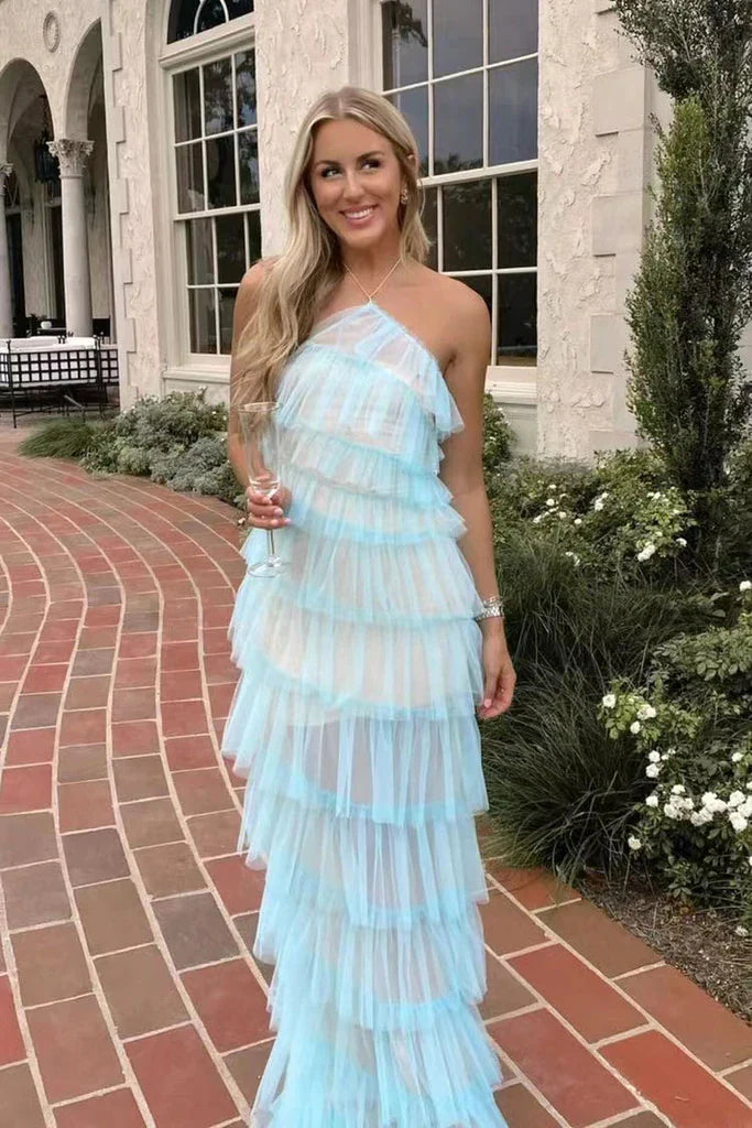 Robe de soirée longue fendue en mousseline de soie, dos nu, à volants, style licou, verte, nv3545