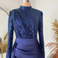 Jewel Neck Pleated Satin Bodycon Sequin Dress Trailing Long Sleeve Evening Gown Ball Gown nv1964