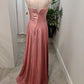 Robe de soirée longue en satin rose, simple et élégante, avec nœud décoratif et bretelles, longueur au sol, robe de bal, robe de bal, robe de soirée, robe de demoiselle d'honneur, nv3942