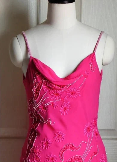 Robe de soirée longue en mousseline de soie, élégante et rose, avec perles et bretelles spaghetti, nv3674