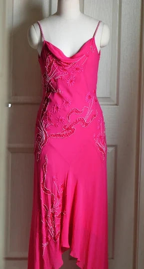 Robe de soirée longue en mousseline de soie, élégante et rose, avec perles et bretelles spaghetti, nv3674