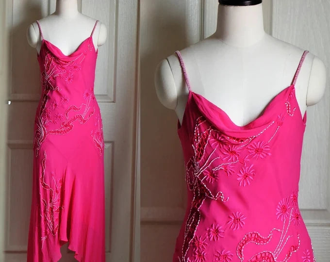 Robe de soirée longue en mousseline de soie, élégante et rose, avec perles et bretelles spaghetti, nv3674