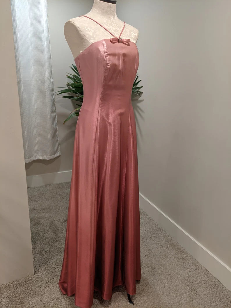 Robe de soirée longue en satin rose, simple et élégante, avec nœud papillon, robe de bal, nv3751