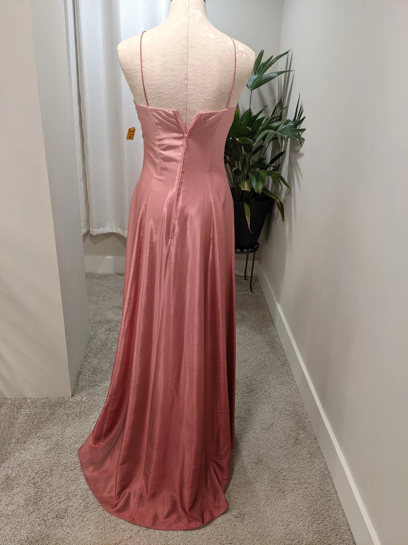 Robe de soirée longue en satin rose, simple et élégante, avec nœud papillon, robe de bal, nv3751