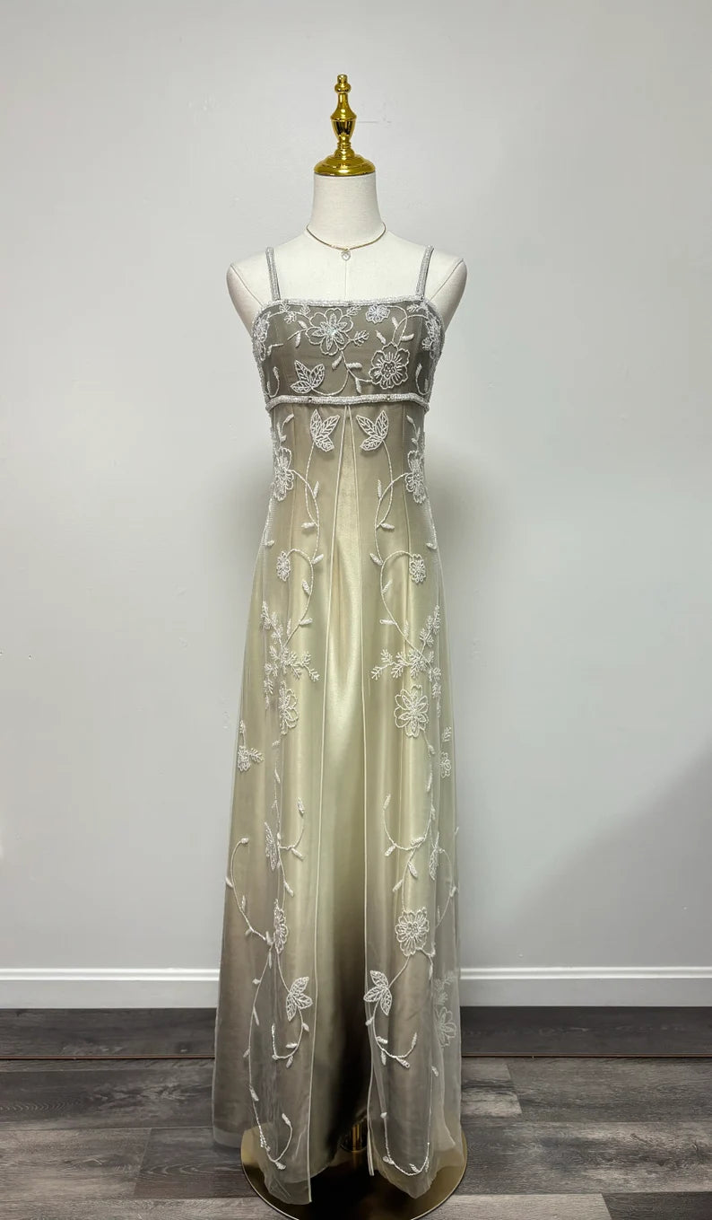 Goldgelbes Retro-Mode-Farbverlauf, exquisites, perlenbesetztes langes Tüll-Ballkleid, Abendkleid, Partykleid nv3701