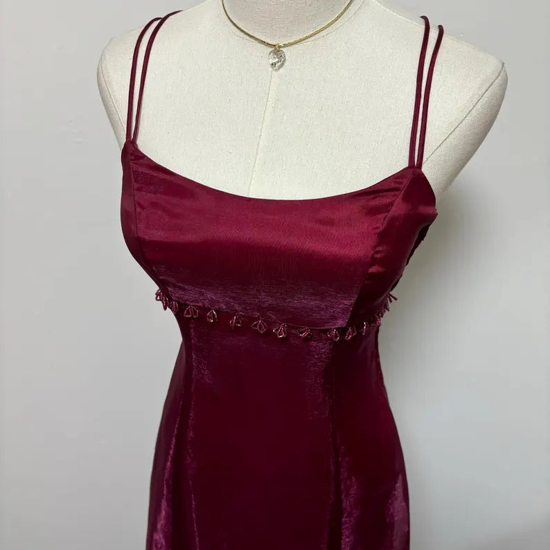 Robe de soirée élégante en satin rouge foncé bordeaux, style rétro, simple, brillante, exquise, à lacets, avec perles, longue, robe de bal, robe de soirée, robe de soirée nv3709