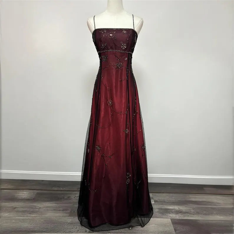 Robe de soirée longue en tulle perlé bordeaux, dégradé de mode rétro, exquise, robe de bal, robe de soirée nv3702