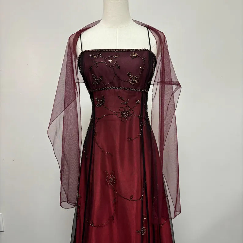 Robe de soirée longue en tulle perlé bordeaux, dégradé de mode rétro, exquise, robe de bal, robe de soirée nv3702
