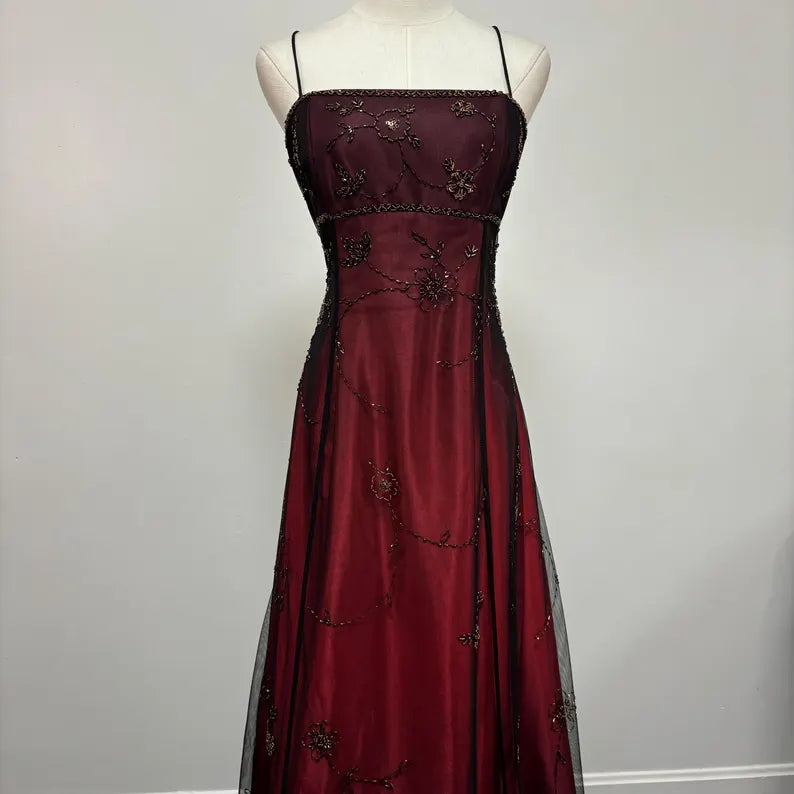 Robe de soirée longue en tulle perlé bordeaux, dégradé de mode rétro, exquise, robe de bal, robe de soirée nv3702