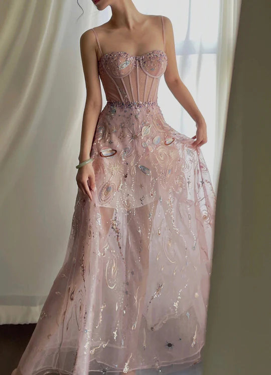 Pink Sexy Sweet Embroidered Sequin Slim Fit Tulle Sleeveless Long Ball Gown Evening Dress nv2948