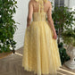 Robe de bal en dentelle jaune A-line dos nu longueur cheville robe de soirée corset robe de soirée de remise de diplôme nv1675