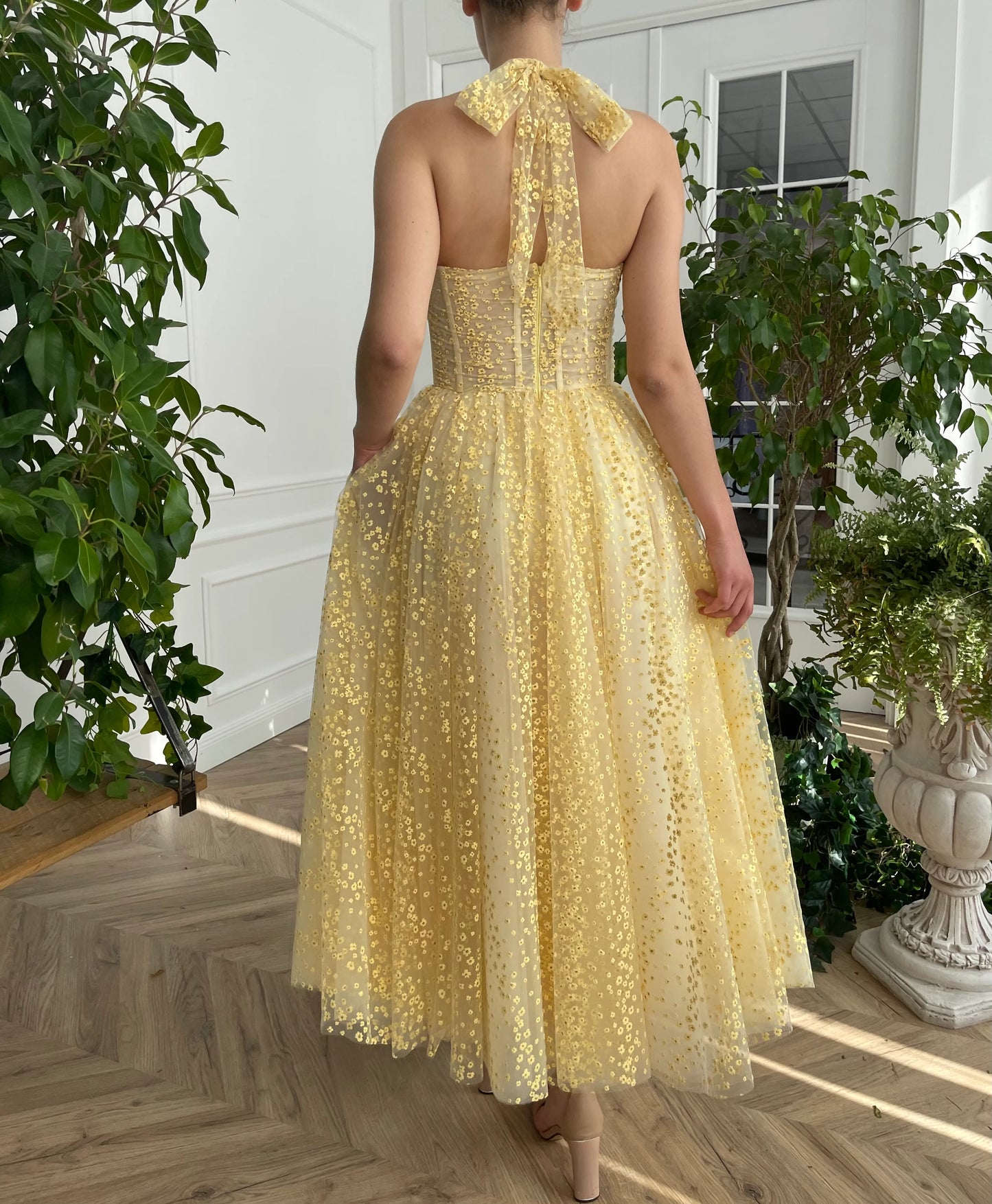 Robe de bal en dentelle jaune A-line dos nu longueur cheville robe de soirée corset robe de soirée de remise de diplôme nv1675