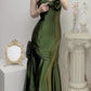 Grünes Satin-Abendkleid mit herzförmigen Trägern, langes Hochzeitskleid, nv1555