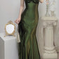 Grünes Satin-Abendkleid mit herzförmigen Trägern, langes Hochzeitskleid, nv1555