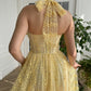 Robe de bal en dentelle jaune A-line dos nu longueur cheville robe de soirée corset robe de soirée de remise de diplôme nv1675