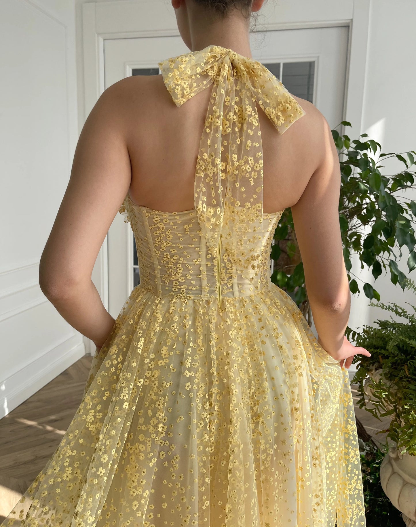 Robe de bal en dentelle jaune A-line dos nu longueur cheville robe de soirée corset robe de soirée de remise de diplôme nv1675