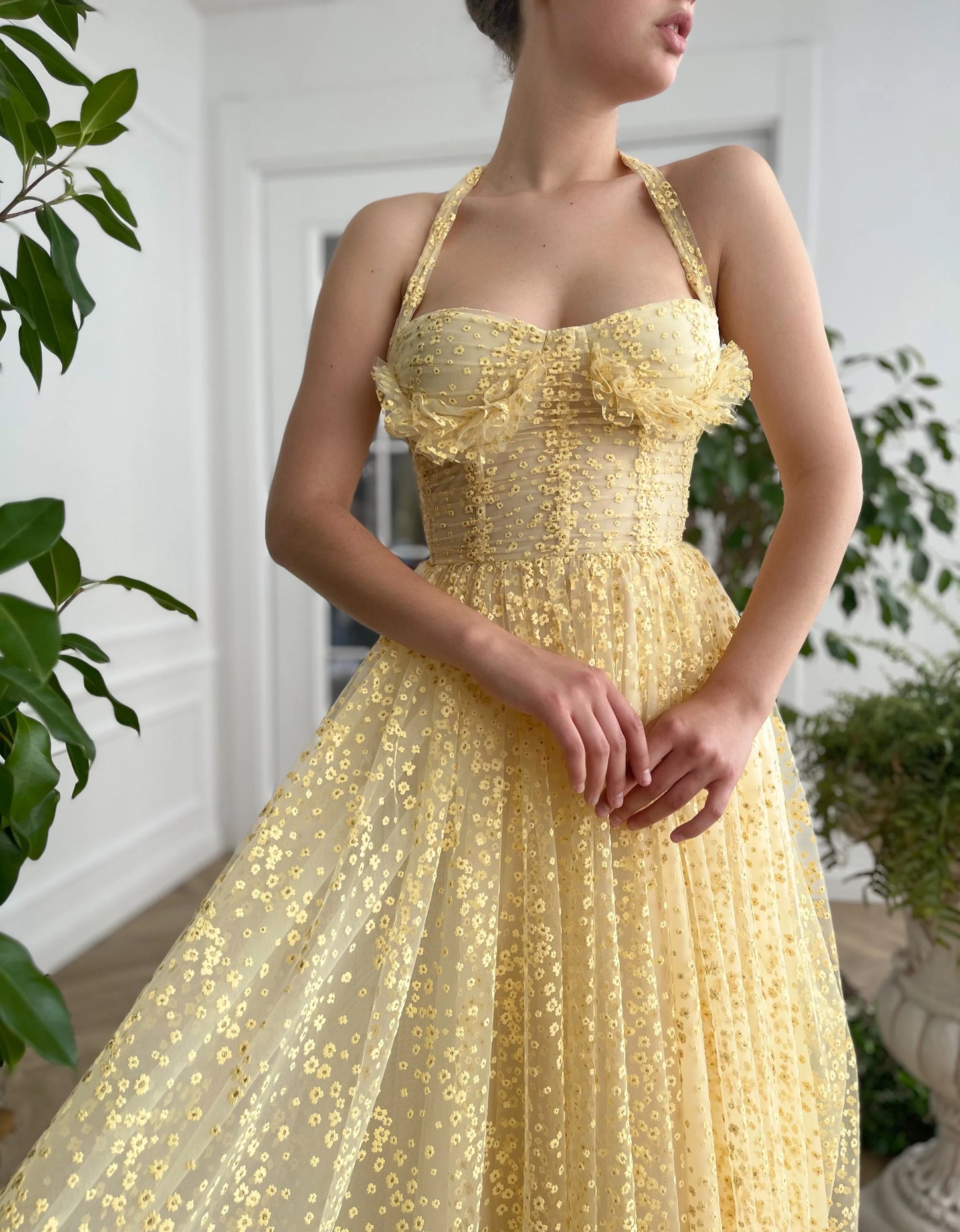 Robe de bal en dentelle jaune A-line dos nu longueur cheville robe de soirée corset robe de soirée de remise de diplôme nv1675