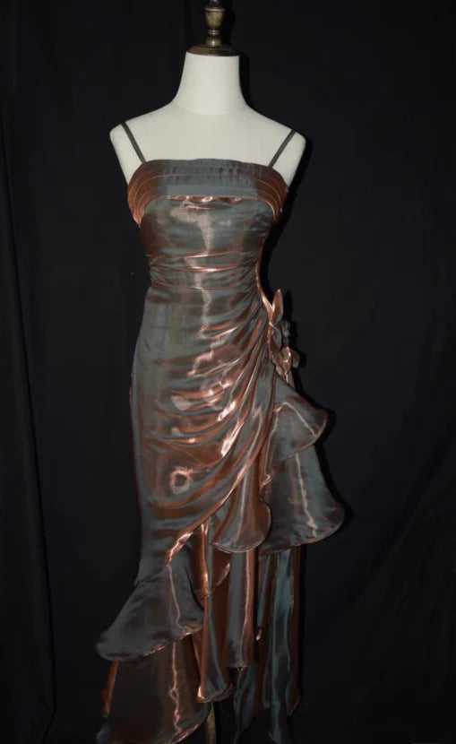 Robe de soirée élégante en satin vert rétro à bretelles spaghetti, longue et irrégulière, à volants, robe de bal, robe de soirée nv1626