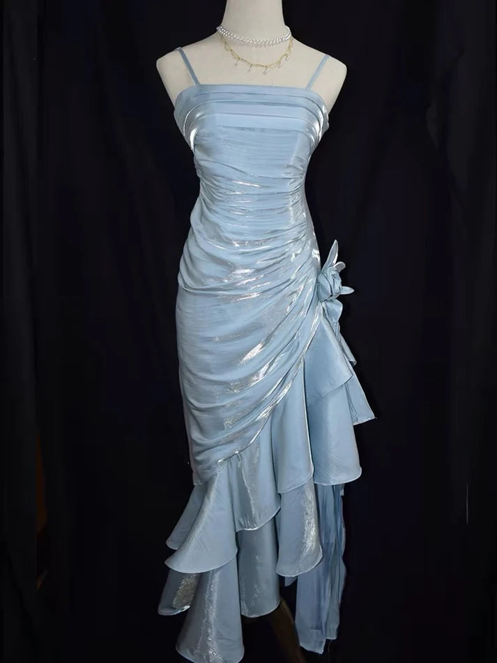 Robe de soirée élégante en satin vert rétro à bretelles spaghetti, longue et irrégulière, à volants, robe de bal, robe de soirée nv1626