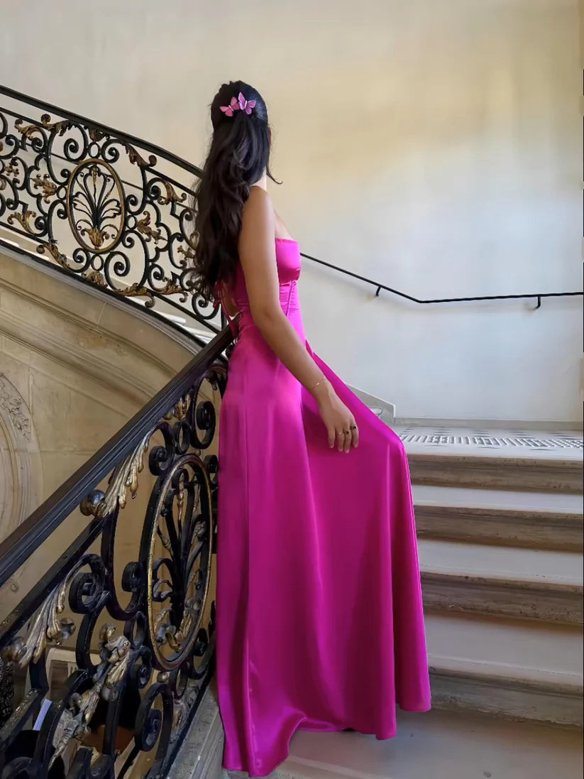 Charmante robe de soirée trapèze à bretelles spaghetti, robe longue rose vif, robe de bal nv1711