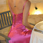 Charmante robe de soirée trapèze à bretelles spaghetti, robe longue rose vif, robe de bal nv1711