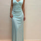 Robe de soirée longue moulante bleu clair à col en V nv1948