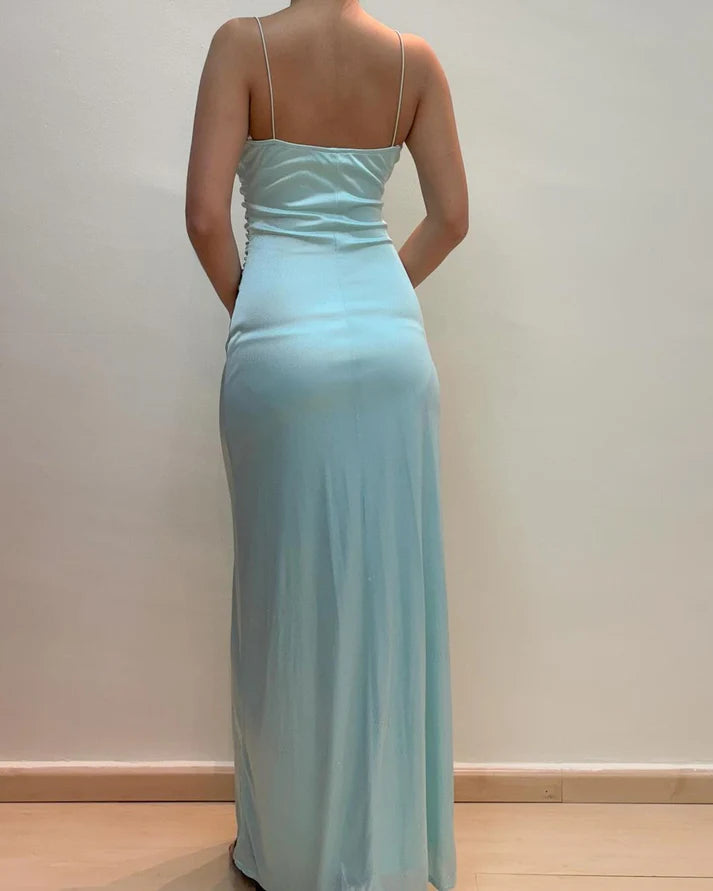 Robe de soirée longue moulante bleu clair à col en V nv1948