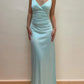 Robe de soirée longue moulante bleu clair à col en V nv1948