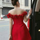 Robe de soirée courte rouge à épaules dénudées et décolleté en dentelle rose, coupe trapèze, robe de fête d'anniversaire, de Noël, princesse nv2741