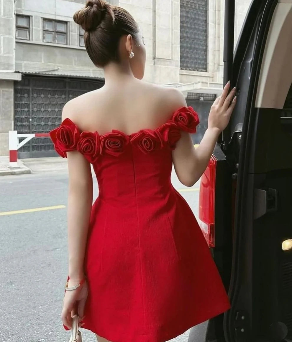 Robe de soirée courte rouge à épaules dénudées et décolleté en dentelle rose, coupe trapèze, robe de fête d'anniversaire, de Noël, princesse nv2741