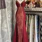 Robe de soirée élégante bordeaux à col en V, style rétro, style sirène, longue et exquise, en dentelle, robe d'anniversaire, robe de bal, robe de bal, nv3987