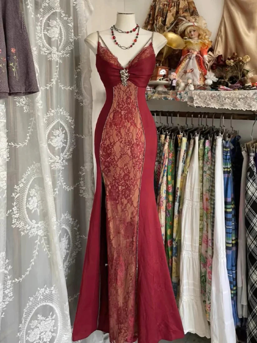 Robe de soirée élégante bordeaux à col en V, style rétro, style sirène, longue et exquise, en dentelle, robe d'anniversaire, robe de bal, robe de bal, nv3987