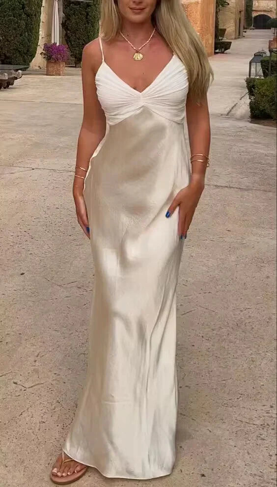 Champagner stilvolle elegante Spaghettiträger lange Satin Slim Fit Ballkleid, Abendkleid, Partykleid nv3705