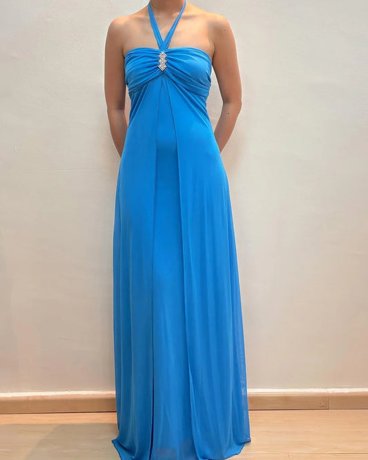 NiceVestidos - Robe de soirée trapèze sans manches en mousseline bleu ciel, col licou, longueur au sol, NV5771