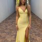 Gelbes elegantes Mode-V-Ausschnitt-langes Satin-Meerjungfrauen-Slim-Fit-Schlitz-sexy bodenlanges Ballkleid, Abendkleid, Partykleid nv3706