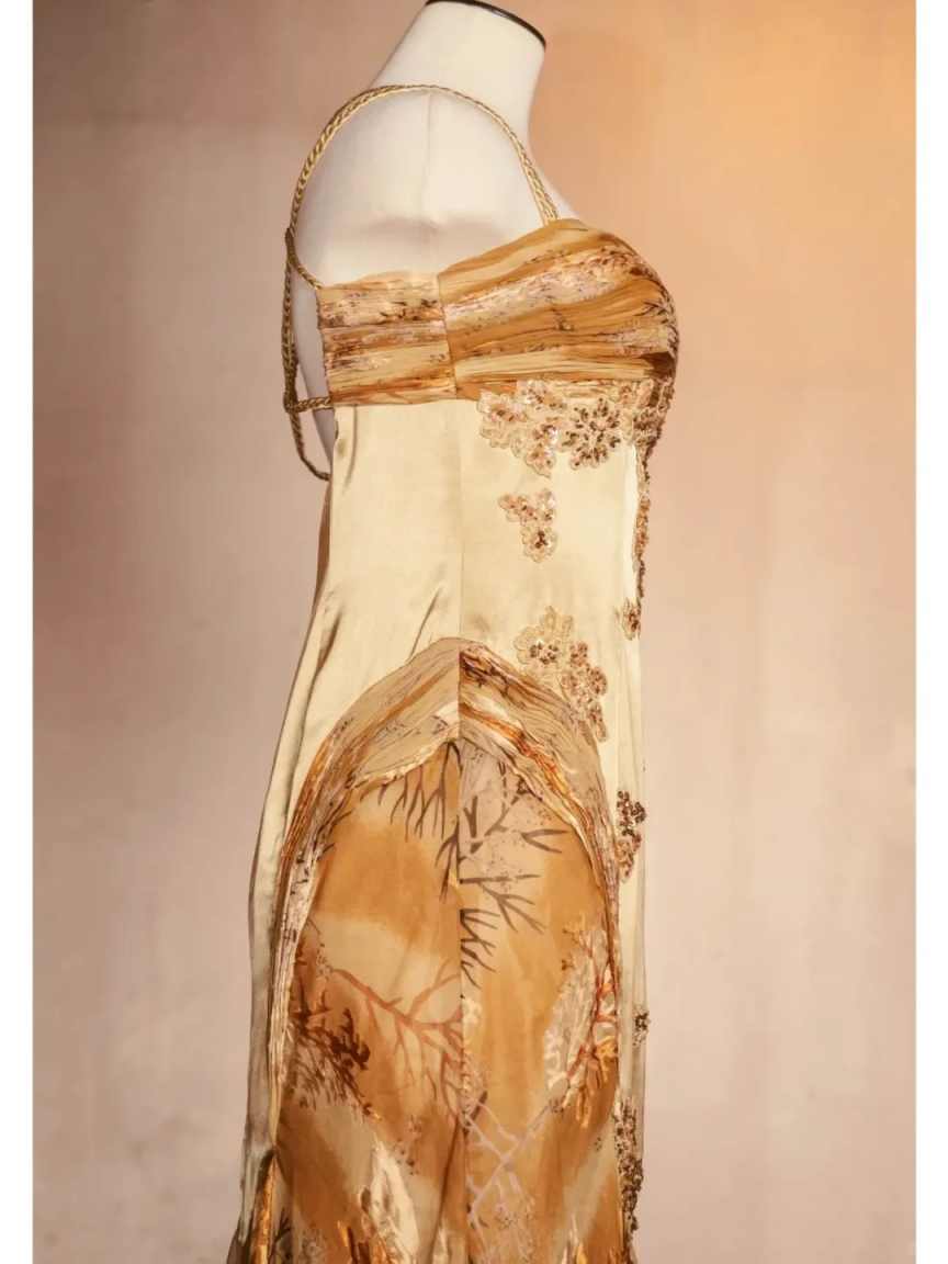 Gold Floral Elegant Long Satin Prom  Dress Evening Dress Party Dress nv4696