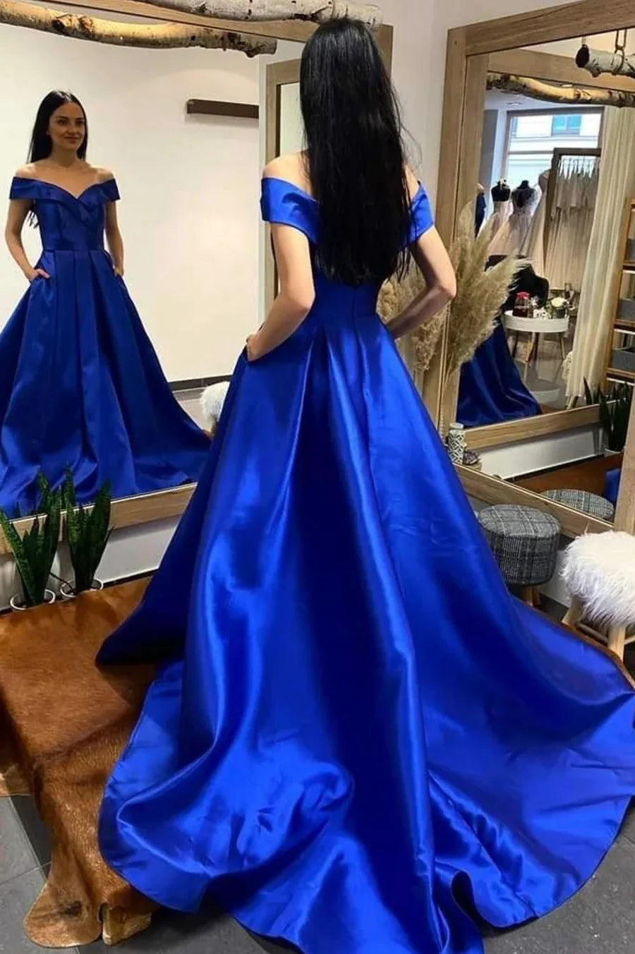 Robe de bal longue en satin à col en V simple, robe de soirée trapèze à épaules dénudées nv1443