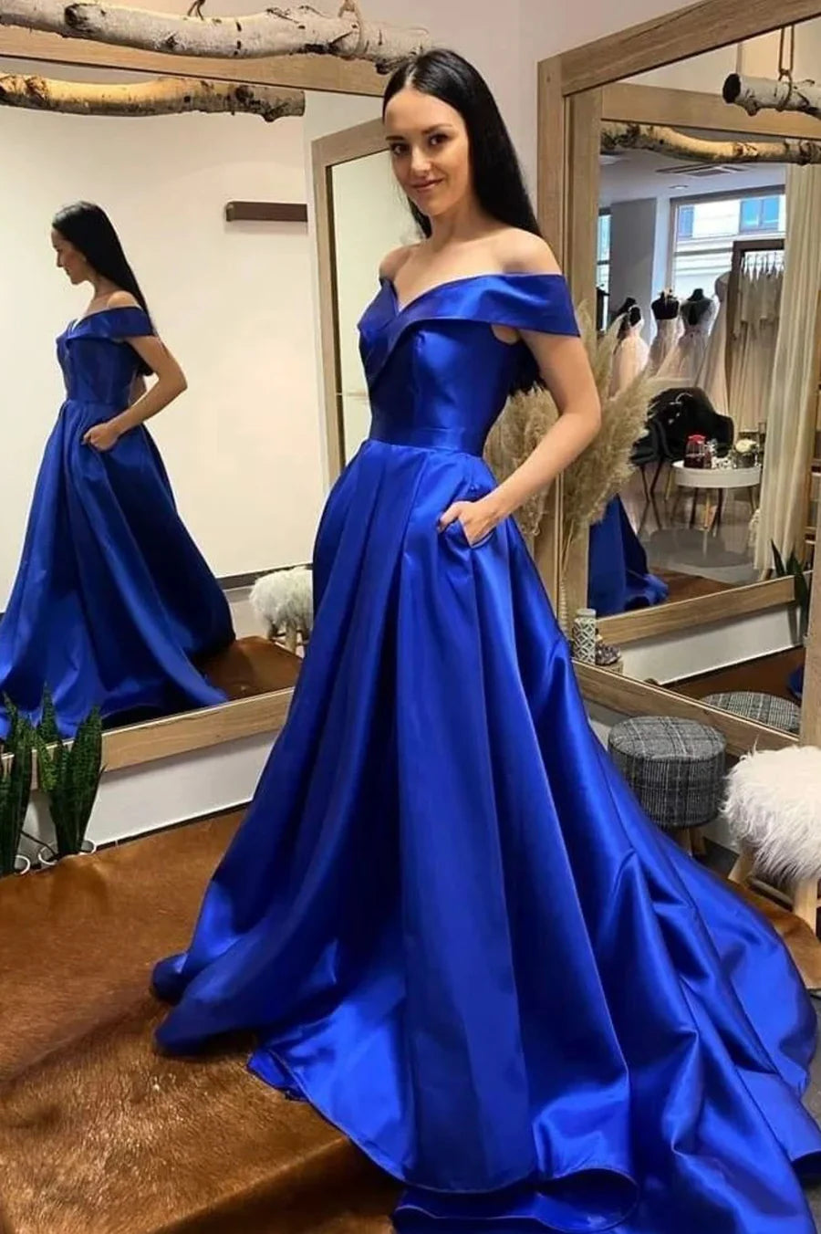 Robe de bal longue en satin à col en V simple, robe de soirée trapèze à épaules dénudées nv1443