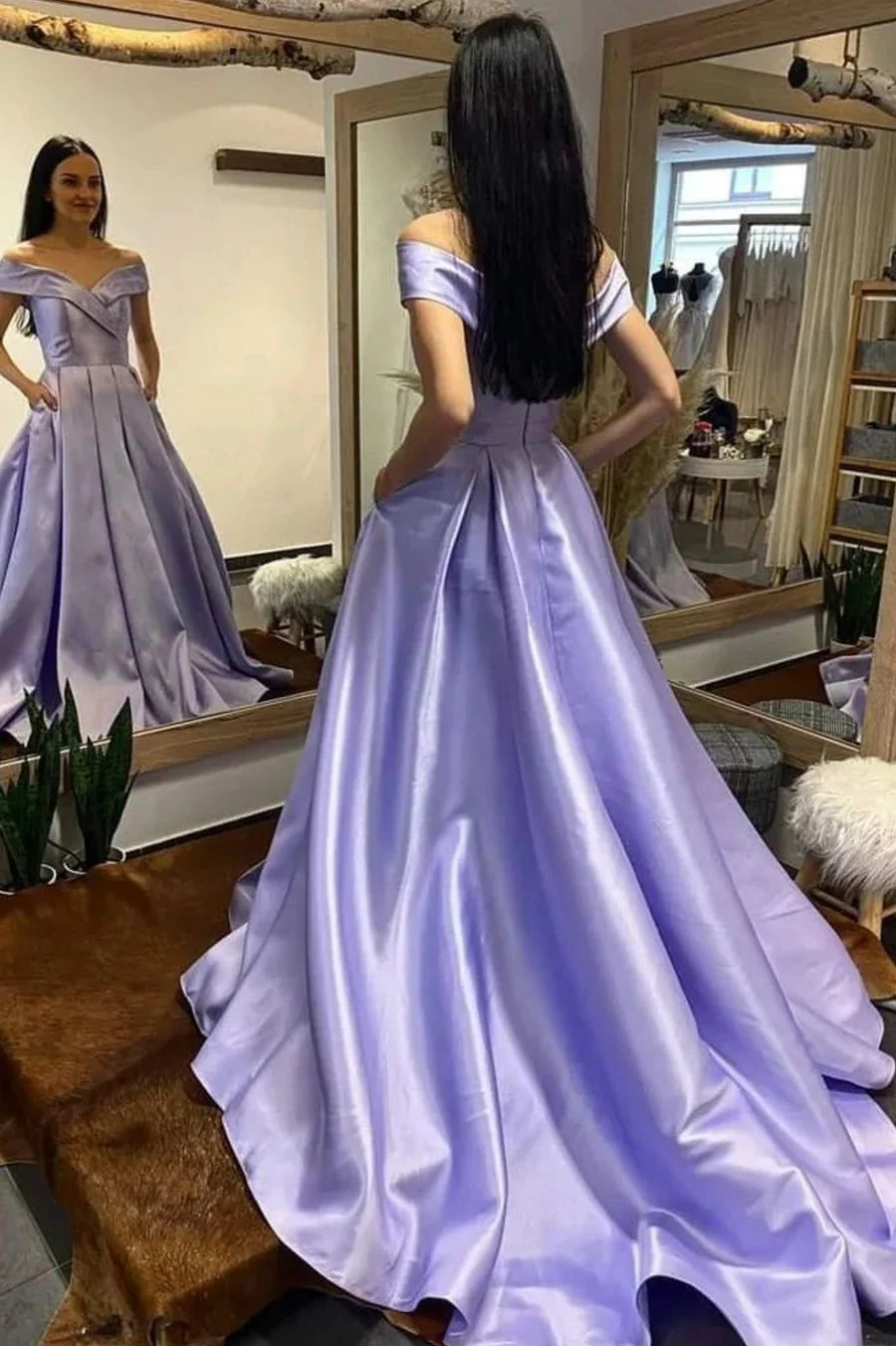 Robe de bal longue en satin à col en V simple, robe de soirée trapèze à épaules dénudées nv1443