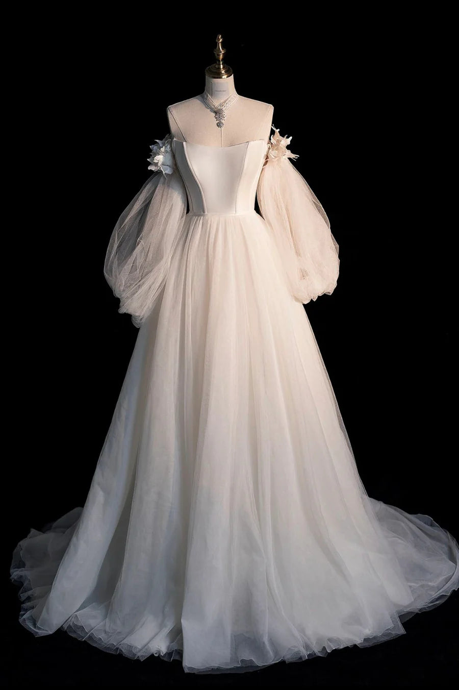 Champagnerfarbenes langärmliges Ballkleid aus Tüll, schulterfreies Abendkleid nv1602