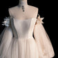 Champagnerfarbenes langärmliges Ballkleid aus Tüll, schulterfreies Abendkleid nv1602