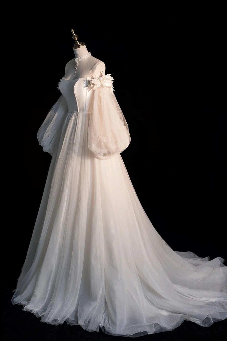 Champagnerfarbenes langärmliges Ballkleid aus Tüll, schulterfreies Abendkleid nv1602