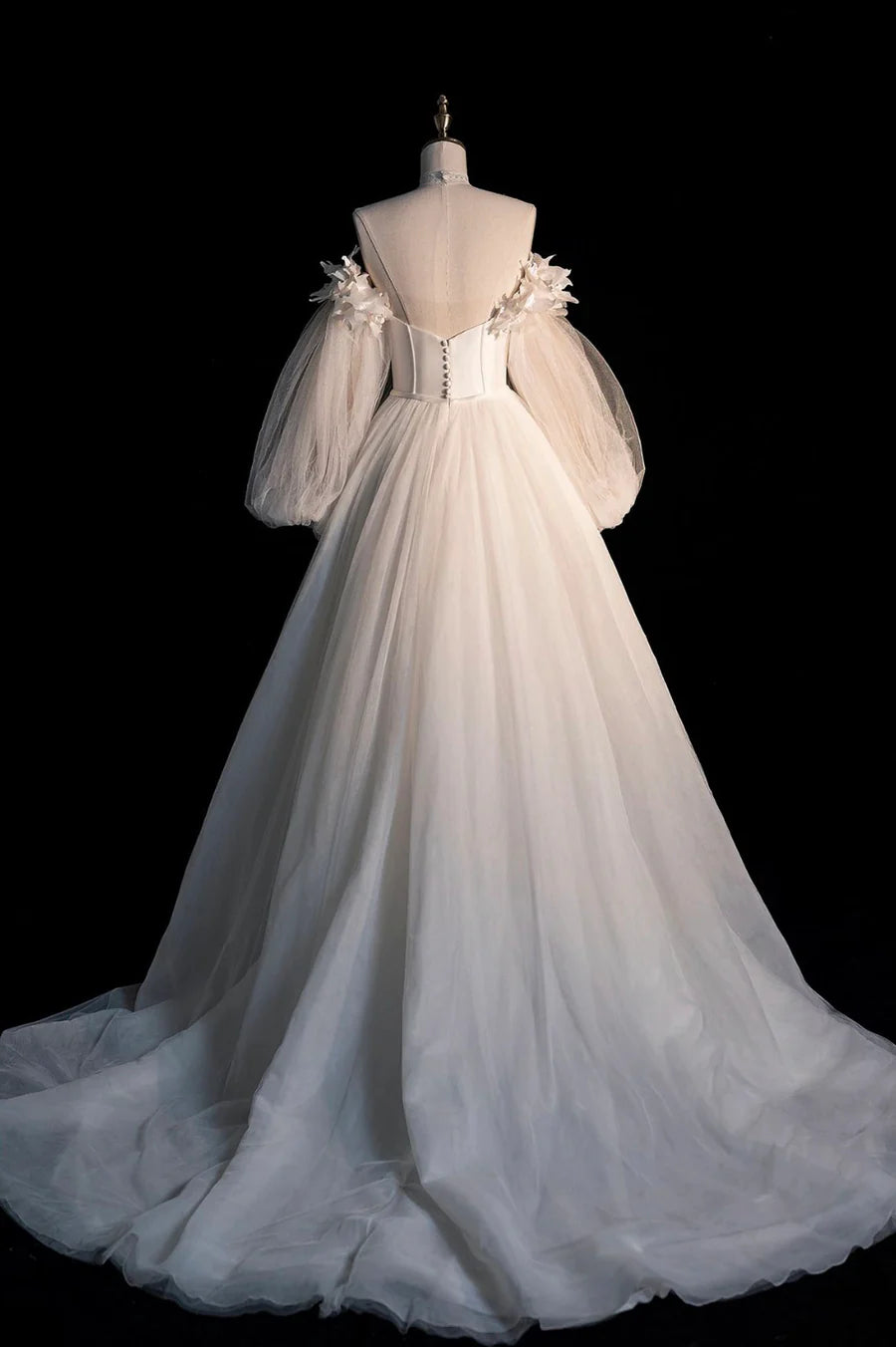 Champagnerfarbenes langärmliges Ballkleid aus Tüll, schulterfreies Abendkleid nv1602