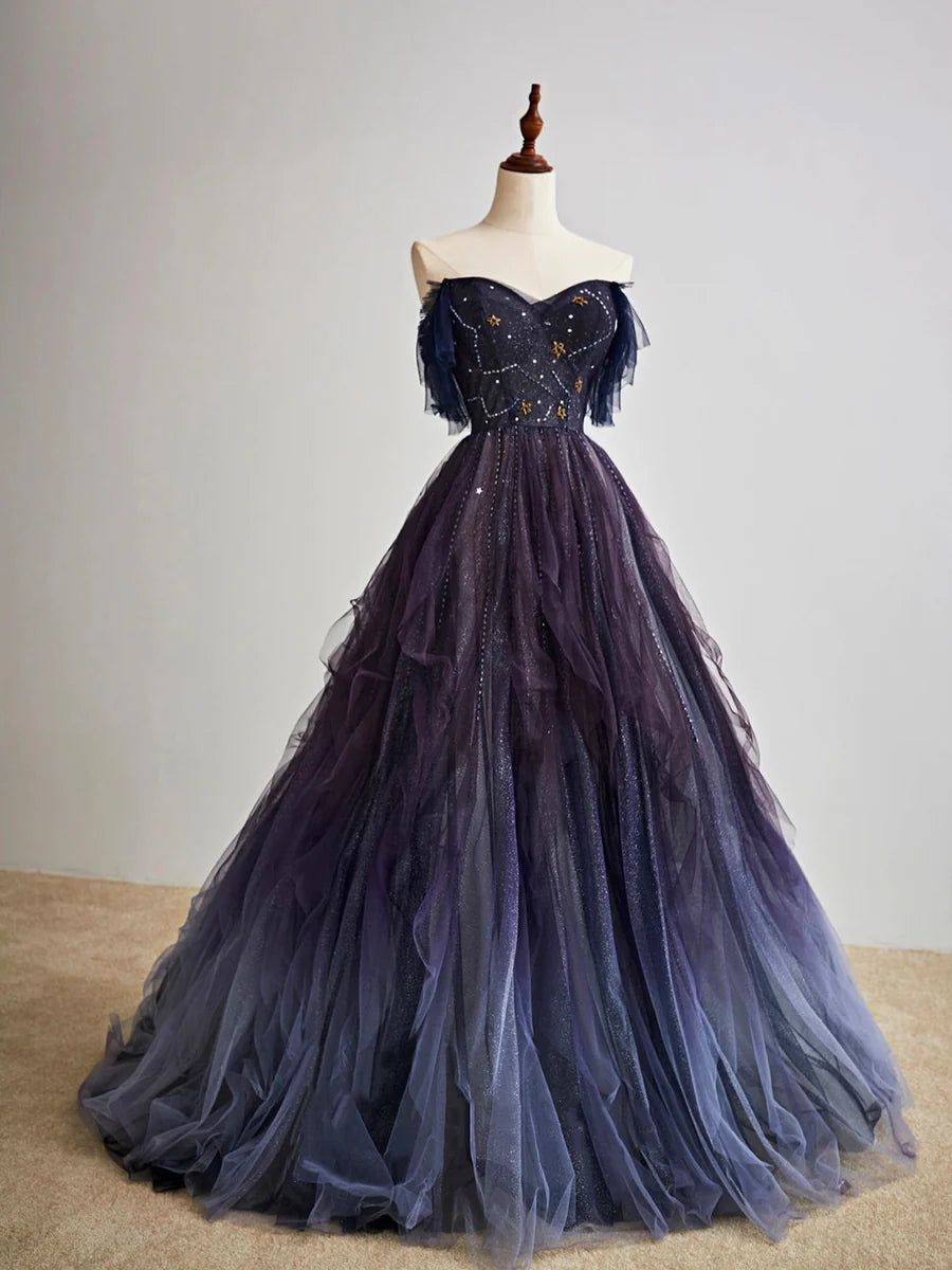 Robe de bal longue en tulle dégradé violet, belle robe de soirée trapèze nv1541