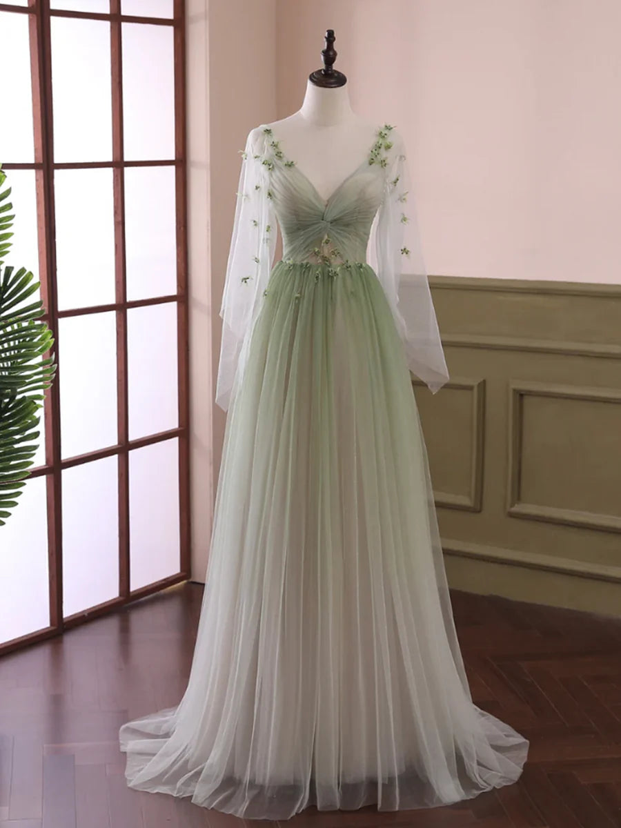 Robe de bal à manches longues en tulle vert clair, robe de soirée longue au sol dégradée verte nv1615