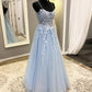 Blaues langes Ballkleid aus Tüll mit Spaghettiträgern und Spitze, A-Linien-Abendkleid nv1430