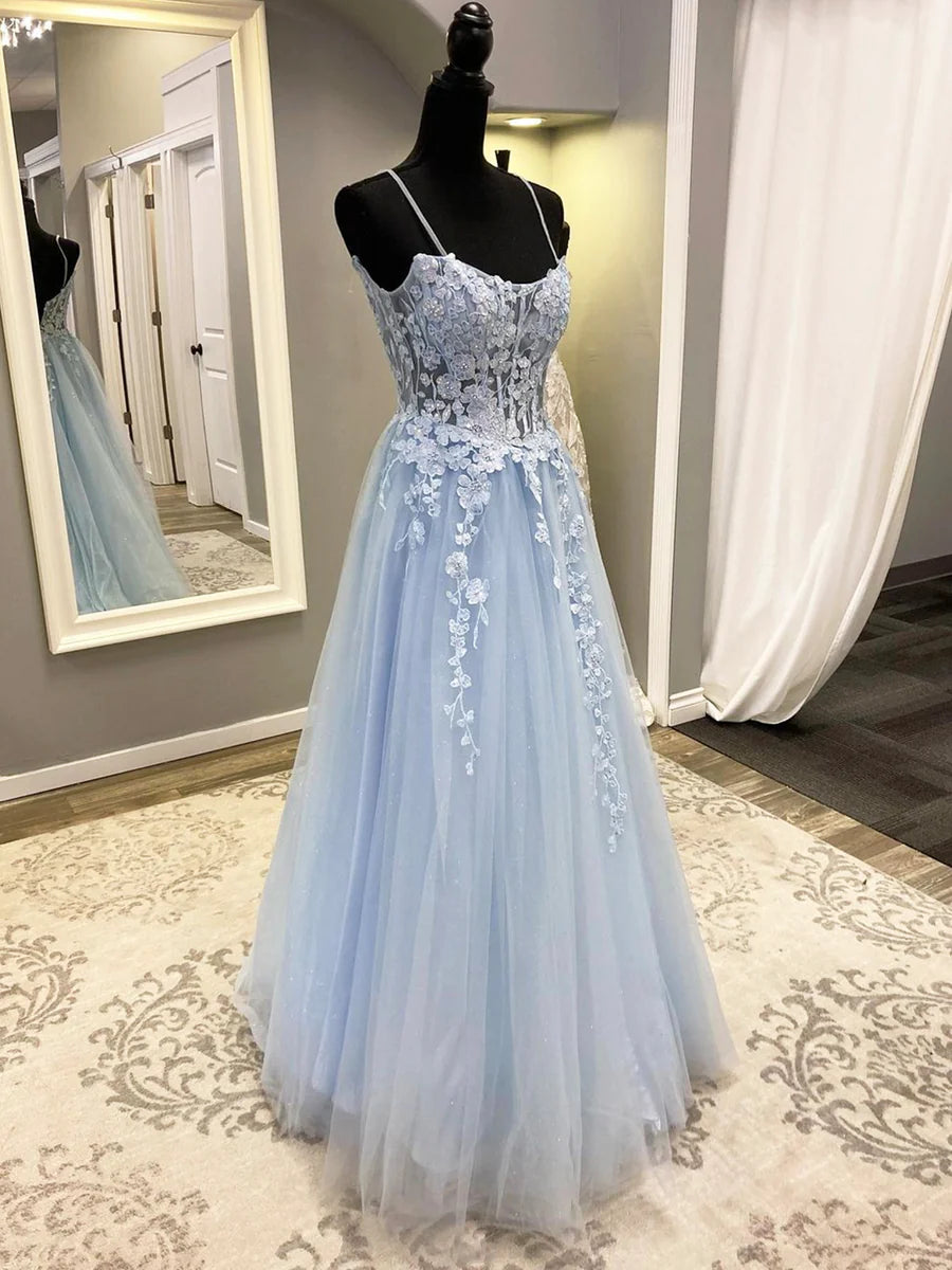 Blaues langes Ballkleid aus Tüll mit Spaghettiträgern und Spitze, A-Linien-Abendkleid nv1430