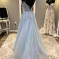 Blaues langes Ballkleid aus Tüll mit Spaghettiträgern und Spitze, A-Linien-Abendkleid nv1430