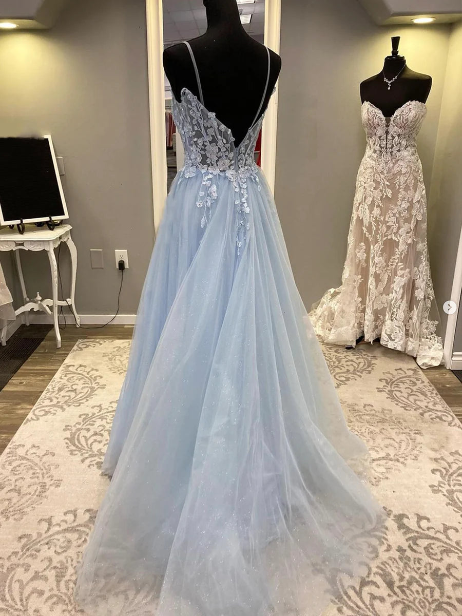 Blaues langes Ballkleid aus Tüll mit Spaghettiträgern und Spitze, A-Linien-Abendkleid nv1430